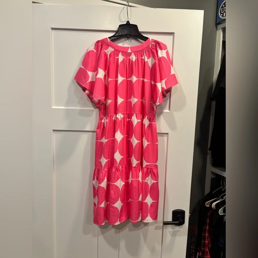 Umgee Pink Polka Dot Flutter Sleeve Notched Tiered Flowy Dress Size m - Picture 6 of 6